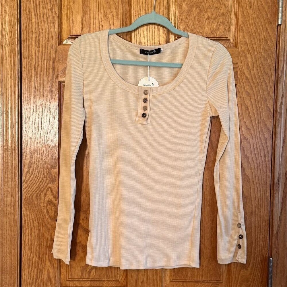 NWT Kissfix Women's Beige Long Sleeve Henley Top Size M